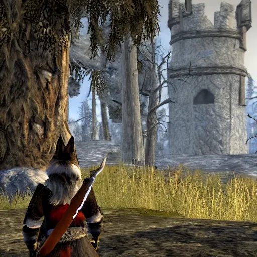 Prompt: furry anthro digital video game screenshot of an anthropomorphic wolf with black fur medieval guard wearing a set of armor standing on the castle walls view of the forest in background in the The Elder Scrolls V: Skyrim