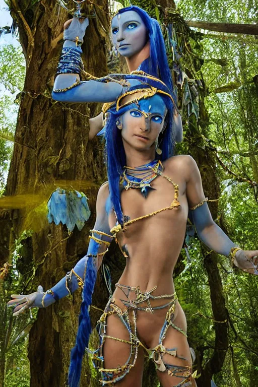 Image similar to a blue - skinned female navi from avatar wearing an elaborate outfit made out of shells wrapped in barbed wire suspended in the air between two trees, cosplay, body paint, high resolution film still, hdr color, movie by james cameron, clean composition, highly symmetric body parts