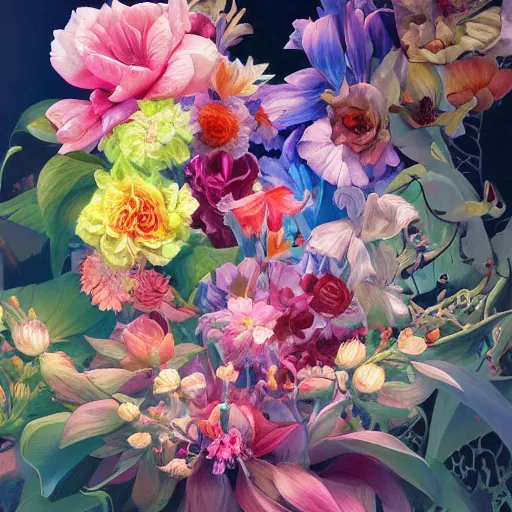 Prompt: a huge group of colorful flowers, large opaque blossoms, light and shadow, glowing, vivid, detailed painting, by Ross Tran and James Jean and Dan Santat, masterpiece, award winning painting