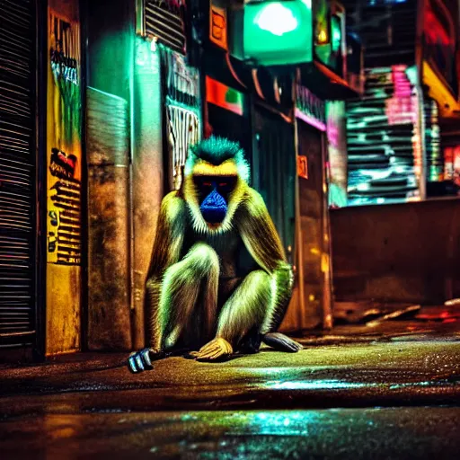 Image similar to a high quality low wide angle photo of a Mandrill monkey on the streets of a cyberpunk city, rainy, reflective ground, neon lights, realism, 8k