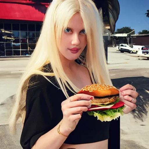 Image similar to Alucard the blond vampire lord in a crop top and shorts eating a burger at Hooter’s