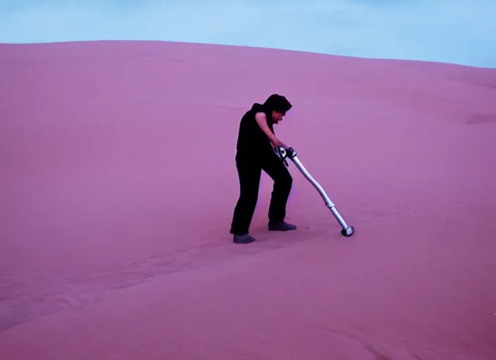 Prompt: detailed protrait photo of Luke skywalker vacuuming sand dunes. a pink dune, screenshot from the 1985 film, Photographed with Leica Summilux-M 24 mm lens, ISO 100, f/8, Portra 400