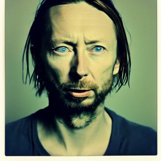 Prompt: Mugshot Portrait of Thom Yorke, taken in the 1970s, photo taken on a 1970s polaroid camera, grainy, real life, hyperrealistic, ultra realistic, realistic, highly detailed, epic, HD quality, 8k resolution, body and headshot, film still, front facing, front view, headshot and bodyshot, detailed face, very detailed face