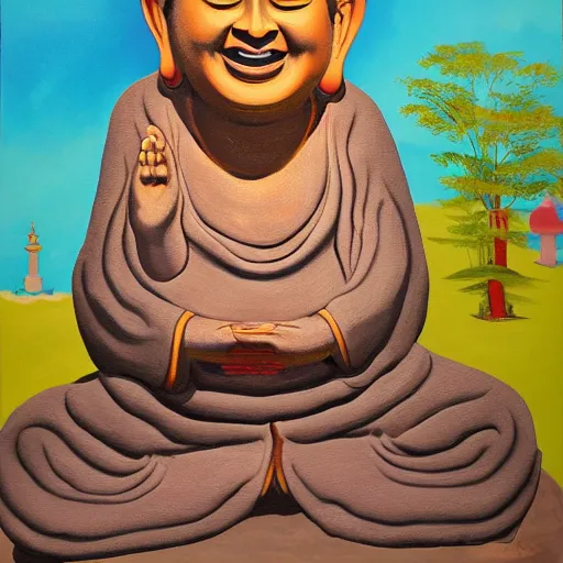 Prompt: painting of laughing buddha with cat