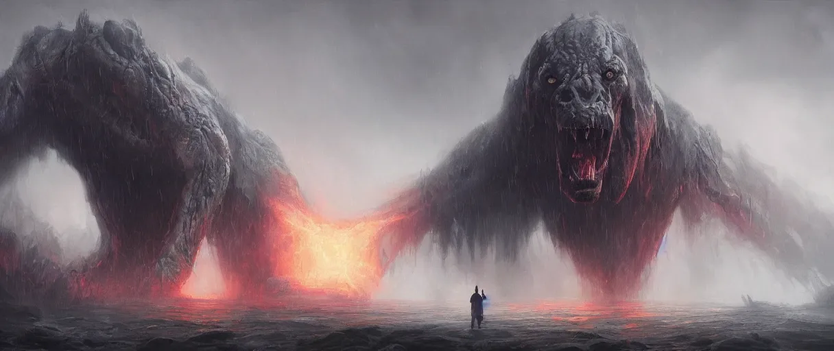 Image similar to A terrifying giant monster made of paint, dramatic atmosphere, cinematic lighting, rain, masterpiece digital painting by Alex Grey, Greg Rutkowski, 4k wallpaper, artstation