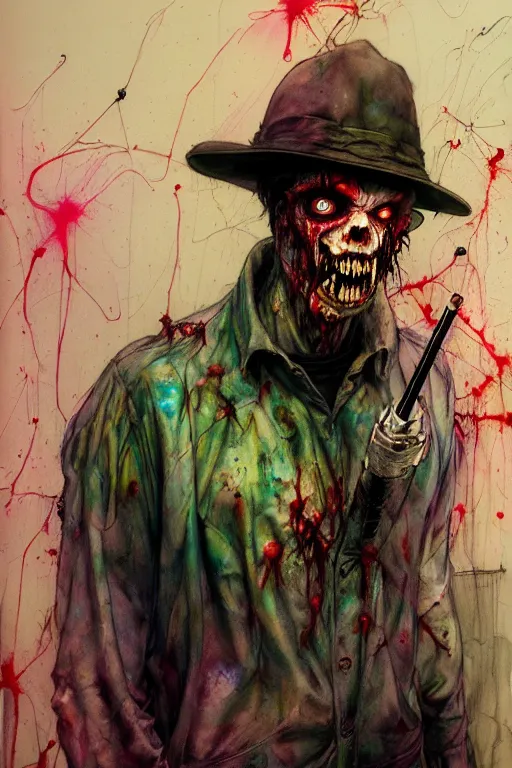 Prompt: zombie policeman beating up a gang member with his baton by agnes cecile, enki bilal, brian froud, bernie wrightson, intricated details, 3 / 4 view, full body portrait, extremely luminous bright design, horror, pastel colours, toxic drips, autumn lights