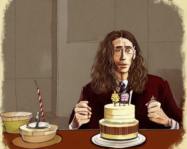 Image similar to Forrest gump eating a cake in hogwarts, digital art, highly detailed, in the style of Jeszika Le Vye