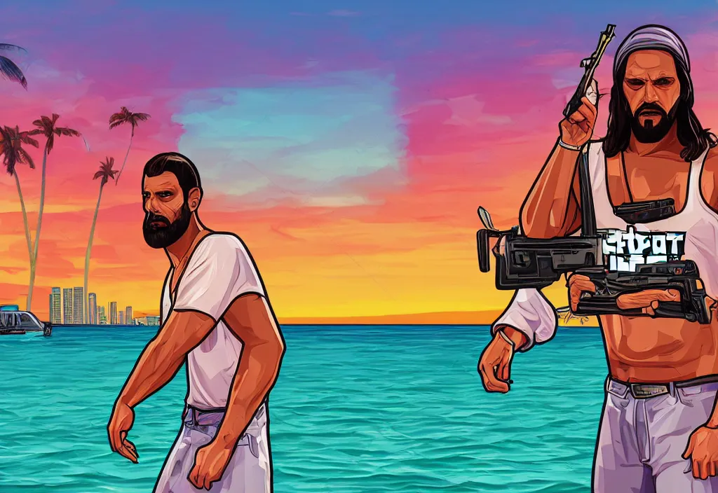 Prompt: jesus in grand theft auto loading screen, gta art style, illustration, beach, miami, vice city