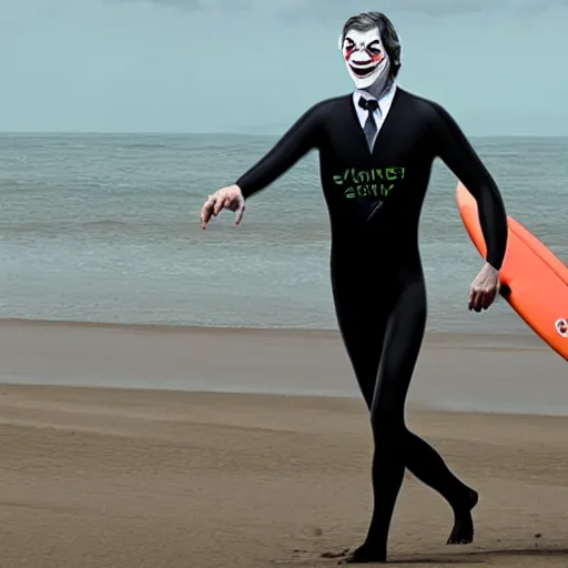 Image similar to surfing bill gates as mr. bean as the joker from batman, surfing still from batman vs bean at the beach, 2 0 2 0