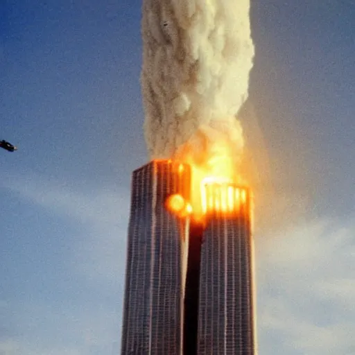 Image similar to UFO crashing into Twin Towers