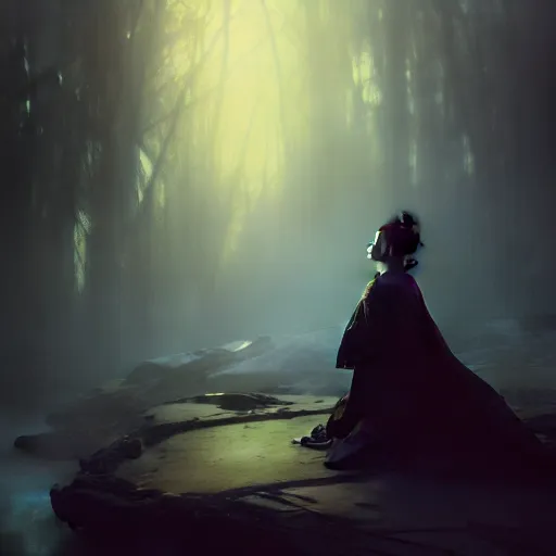 Prompt: dreamscape, digital painting of a sad mourning woman, epic composition, dark background, very detailed, 8 k, in the style of fenghua zhong and ruan jia and jeremy lipking and peter mohrbacher, mystical colors, rim light, beautiful lighting, 8 k, stunning scene, raytracing, octane, trending on artstation