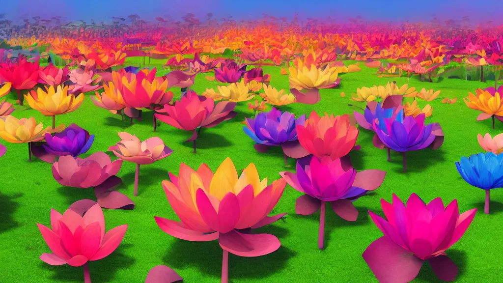 Image similar to digital illustration of a field of multi - colored megaflora lotus flowers by dr. seuss, reimagined by ilm and beeple : 1 | spectral color, electric color, rolling hills : 0. 9 | fantasy : 0. 9 | unreal engine, deviantart, artstation, hd, 8 k resolution : 0. 8