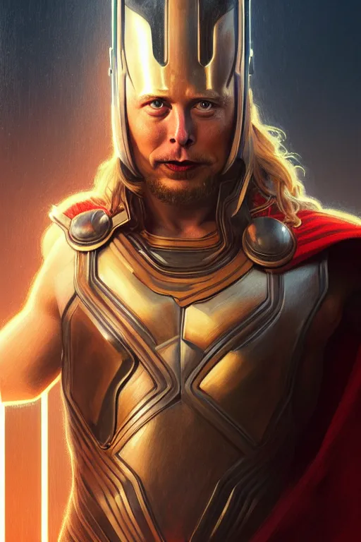 Image similar to elon musk as thor, realistic portrait, symmetrical, highly detailed, digital painting, artstation, concept art, smooth, sharp focus, illustration, cinematic lighting, art by artgerm and greg rutkowski and alphonse mucha