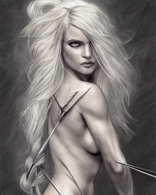 Image similar to tattoo sketch of beautiful greek goddess aphrodite, bow and arrow, beautiful piercing eyes, flowing blonde hair, realistic face, hyper realistic, in the style of greg rutkowski, fantasy, amazing detail, epic, intricate, elegant, smooth, sharp focus