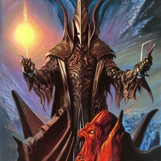 Prompt: majestic evil lord Sauron the ruler on the ring of power by Mark Brooks, Donato Giancola, Victor Nizovtsev, Scarlett Hooft, Graafland, Chris Moore