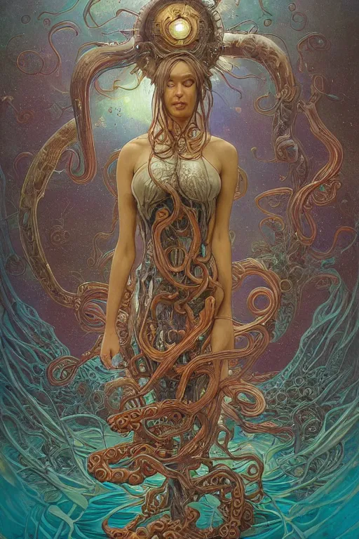 Image similar to swimming through time, inter dimensional clockwork, kowloon tentacles, by artgerm and yoshitaka amano and moebius and hr giger and zdislaw beksinski and alphonse mucha, hyperdetailed, glamour, surreal, dc comics, ornate, stunning, nebula, explosions in the sky, trending on artstation