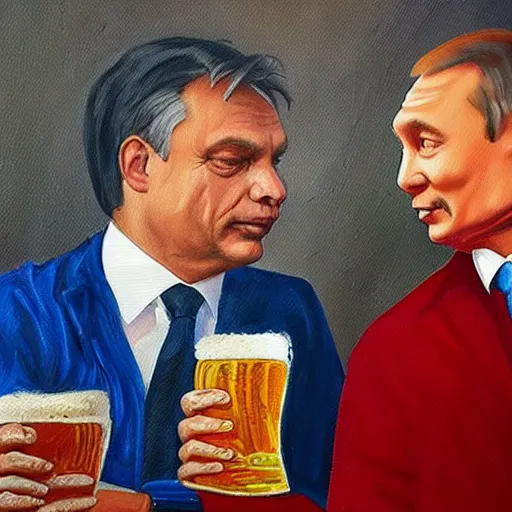 Image similar to viktor orban drinking beer with putin, oil painting, highly detailed