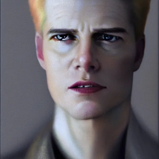 Image similar to realistic expired kodak film portrait of albino tom cruise, hyperrealism, photorealistic, detailed, atmospheric, 8 k, award winning photography, cinematic