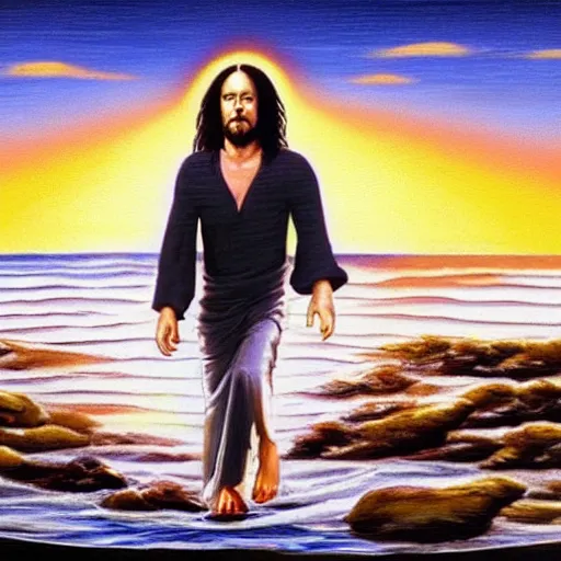 Prompt: tommy wiseau walking on water with jesus, biblical, oil painting, sunny, beautiful