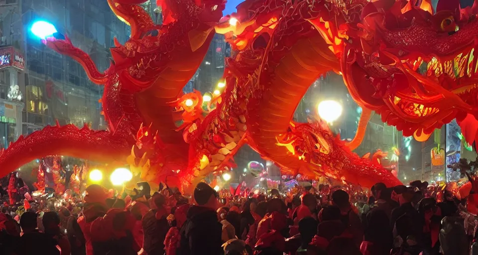 Image similar to glowing dragon puppets at chinese new year parade, beautiful, soft lighting, artstation, storybook