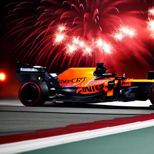 Image similar to portrait of max verstappen getting out of a mercedes f 1 car, dramatic shot, great photography, ambient light, night time, fireworks in the background