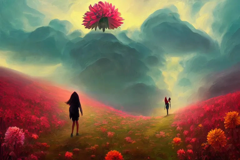 Image similar to giant dahlia flower as a head, girl walking on mountain, surreal photography, stars, dramatic light, impressionist painting, storm clouds, digital painting, artstation, simon stalenhag