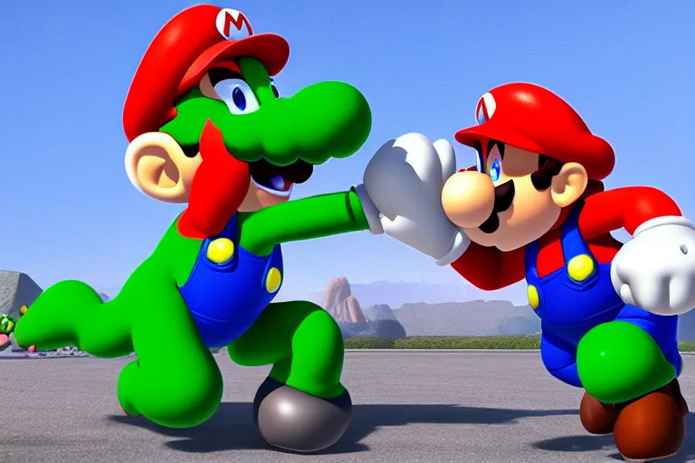 Image similar to a photo of mario punching yoshi in the face, photorealistic, 8 k