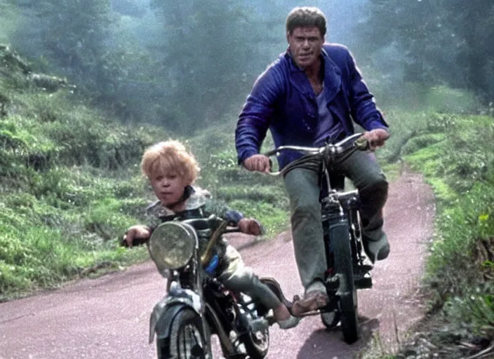 Image similar to film still of thanos riding a small childrens bike down a steep mountain road in the goonies 1 9 8 5