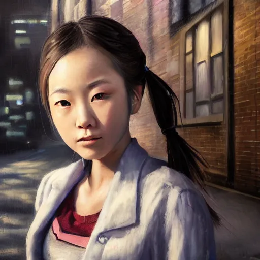 Image similar to a perfect, realistic professional oil painting of a Japanese schoolgirl posing in a dystopian alleyway, close-up, by a professional American senior artist on ArtStation, a high-quality hollywood-style concept