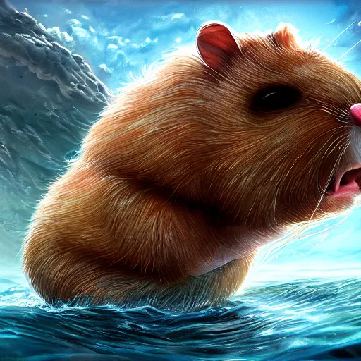 Image similar to giant hamster in the middle of the sea, fantasy art, illustration, epic, fantasy, intricate, hyper detailed, artstation, concept art, smooth, sharp focus, ray tracing