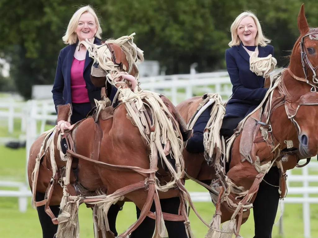 Image similar to liz truss inside a horse, her head visible in the horse's throat as it yawns