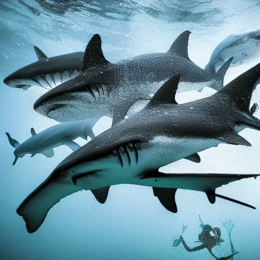 Prompt: a photo of many sharks swimming and gathering as a tornado.