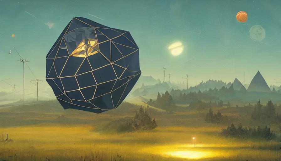 Image similar to hexagonal solar sail floating in space, sun, earth, simon stalenhag