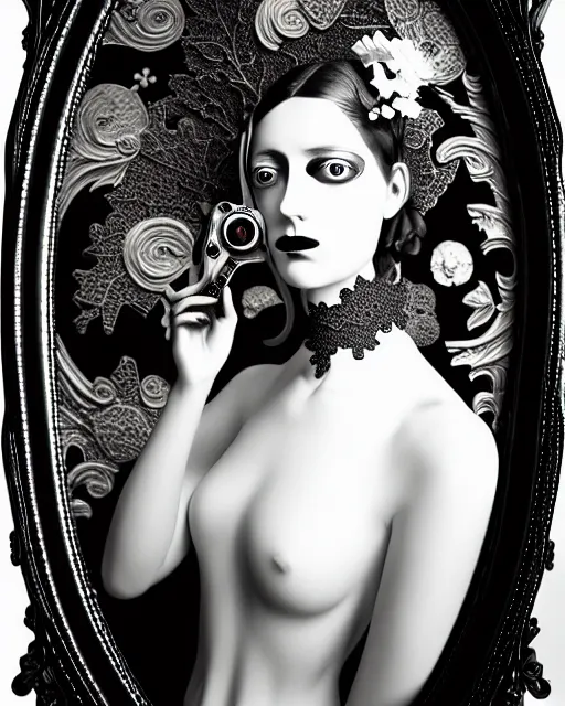 Image similar to black and white masterpiece profile portrait painting, dutch masters, silver lace floral steampunk biomechanical beautiful one techno eye young female cyborg, big monocular, volumetric light, leaves foliage and stems, hibiscus flowers, by dora maar, rim light, big gothic fashion pearl embroidered collar, 8 k