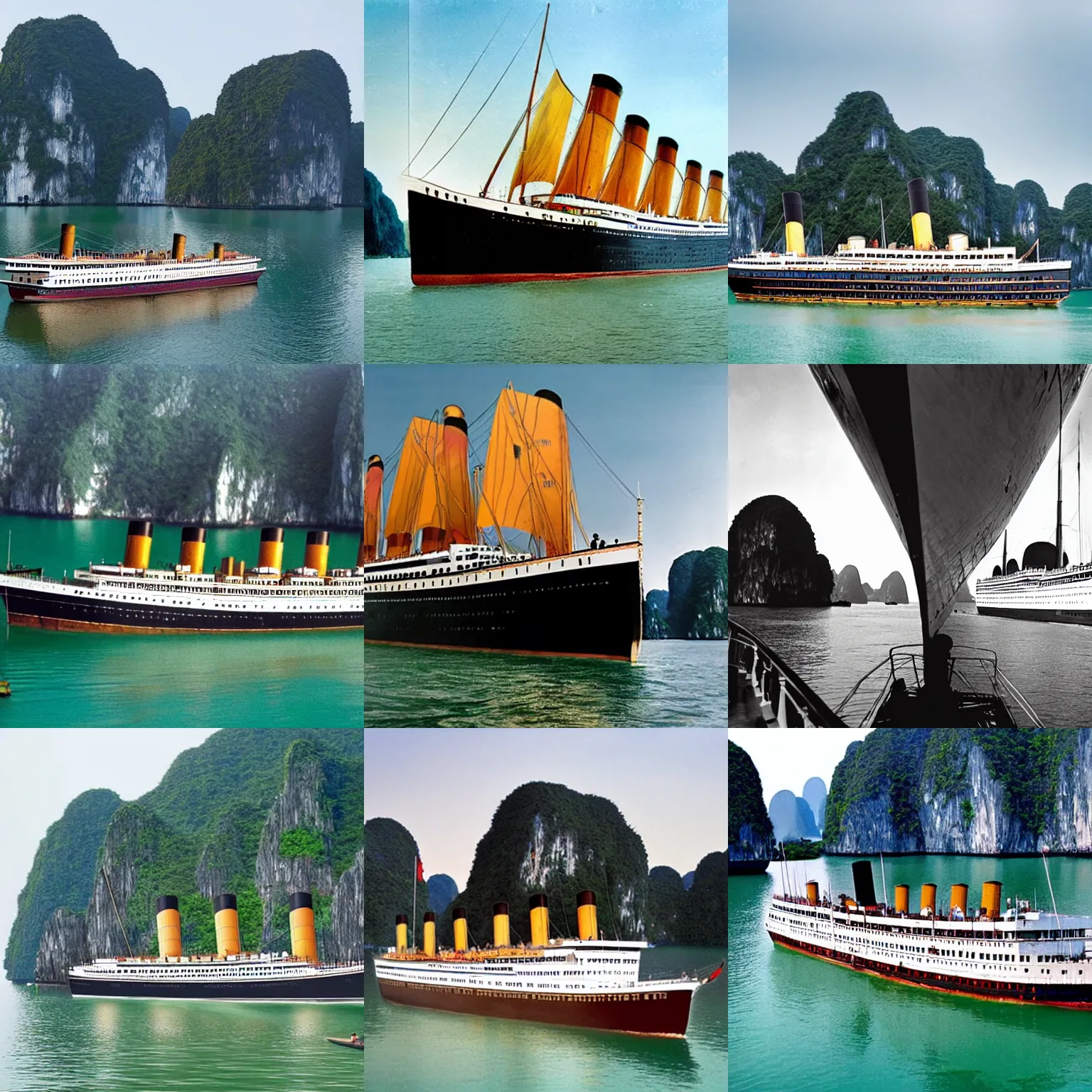 Prompt: The Titanic sailing through Ha Long bay in Vietnam