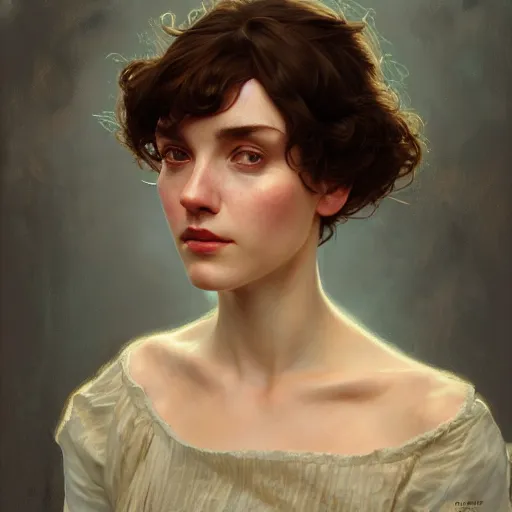 Image similar to portrait of a welsh girl with brown hair, glowing skin, delicate features, amelie poulain, fantasy, intricate, elegant, highly detailed, digital painting, artstation, concept art, smooth, sharp focus, illustration, art by Krenz Cushart and Artem Demura and alphonse mucha