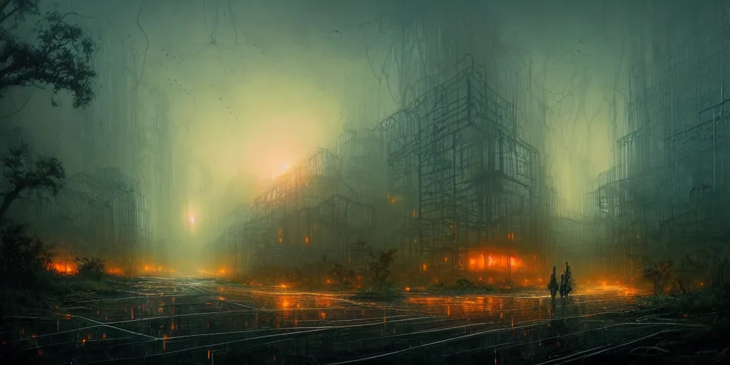 Image similar to ruins of a modern city at dusk, overgrown, cracked roads with weeds, glowing fungus, misty, glowing horizon, fireflies, ultra high definition, ultra detailed, symmetry, sci - fi, dark fantasy, by greg rutkowski and ross tran