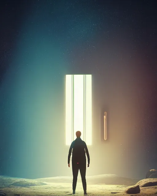 Image similar to a person standing in front of a glowy open door that's on a barren planet, poster art by mike winkelmann, trending on cg society, space art, sci - fi, ue 5, futuristic, volumetric lighting