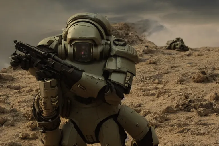 Image similar to VFX movie of a futuristic spacemarine in war zone, shooting gun natural lighting by Emmanuel Lubezki