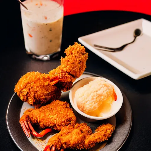 Prompt: a fried chicken milkshake with the kfc logo next to a shrimp wearing a little red dress on a plate, food photography, studio lighting, hyper realistic, sharp focus, hyper - realistic, 8 k resolution