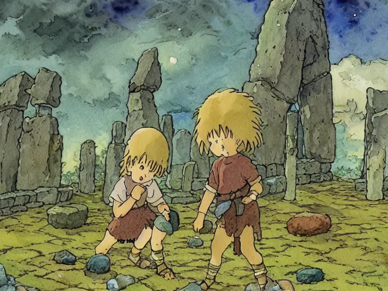 Image similar to a simple watercolor studio ghibli movie still fantasy concept art of a giant medieval kid playing with stones like they are toys in a tiny stonehenge. it is a misty starry night. by rebecca guay, michael kaluta, charles vess