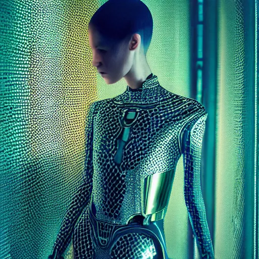 Image similar to Fashion photography of a woman wearing a futuristic outfit inspired by Ex Machina (2014), intricate, artistic photography, cinematic lighting, insanely detailed, cinestill 800t, Vogue magazine