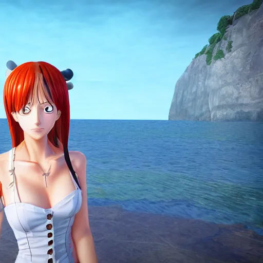 Image similar to portrait of 2 2 - year - old woman with angle 9 0 ° looking away, unreal engine, nami one piece caracter