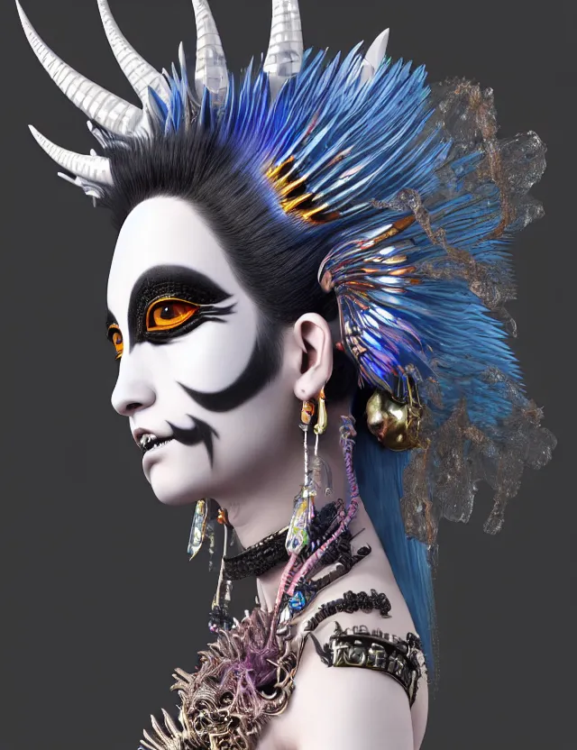 Image similar to 3 d goddess close - up profile portrait punk with mohawk with ram skull. beautiful intricately detailed japanese crow kitsune mask and clasical japanese kimono. betta fish, jellyfish phoenix, bio luminescent, plasma, ice, water, wind, creature, artwork by tooth wu and wlop and beeple and greg rutkowski