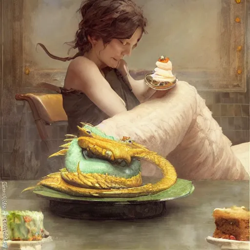 Prompt: Dragon with body of cake, sleeping on the kitchen counter of a magical bakery, oil painting, by Fernanda Suarez and and Edgar Maxence and greg rutkowski