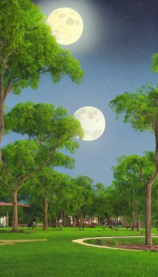 Image similar to a city park at night in Merida Yucatan Mexico with Ceiba trees and a full moon. fantasy illustration