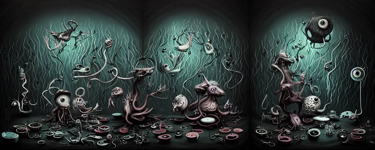 Prompt: whimsical alchemical creatures, surreal dark uncanny painting by ronny khalil