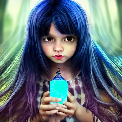 Image similar to mysterious girl child with her long black hair dressed in a chequered robe, carrying blue very big magical crystal, digital art, hd, 4 k, hyper detailed