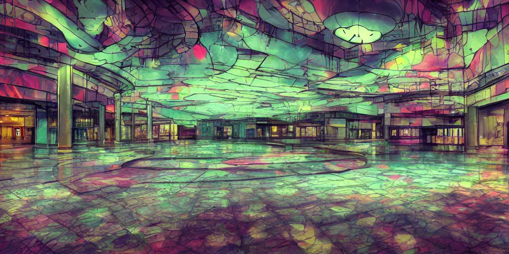 Image similar to eerie but beautiful abandoned mall at night, full of color, award - winning anime digital art