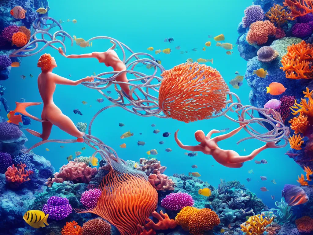 Image similar to a sculpture of fish ocean intertwined, diode lighting, a lovely cornucopia of flowers and human body parts, body parts, highly detailed, octane render, cinematic, sharp focus, clean, studio lighting, sunset, great barrier reef